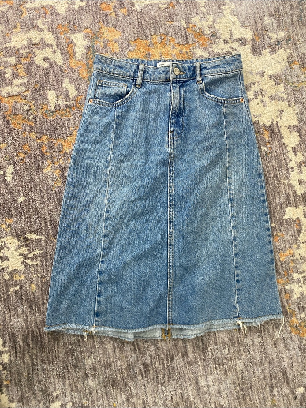 Zara Light Blue Denim Midi Skirt - A-Line Panel Design